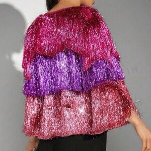 Colorblock Metallic Fringe Coat
